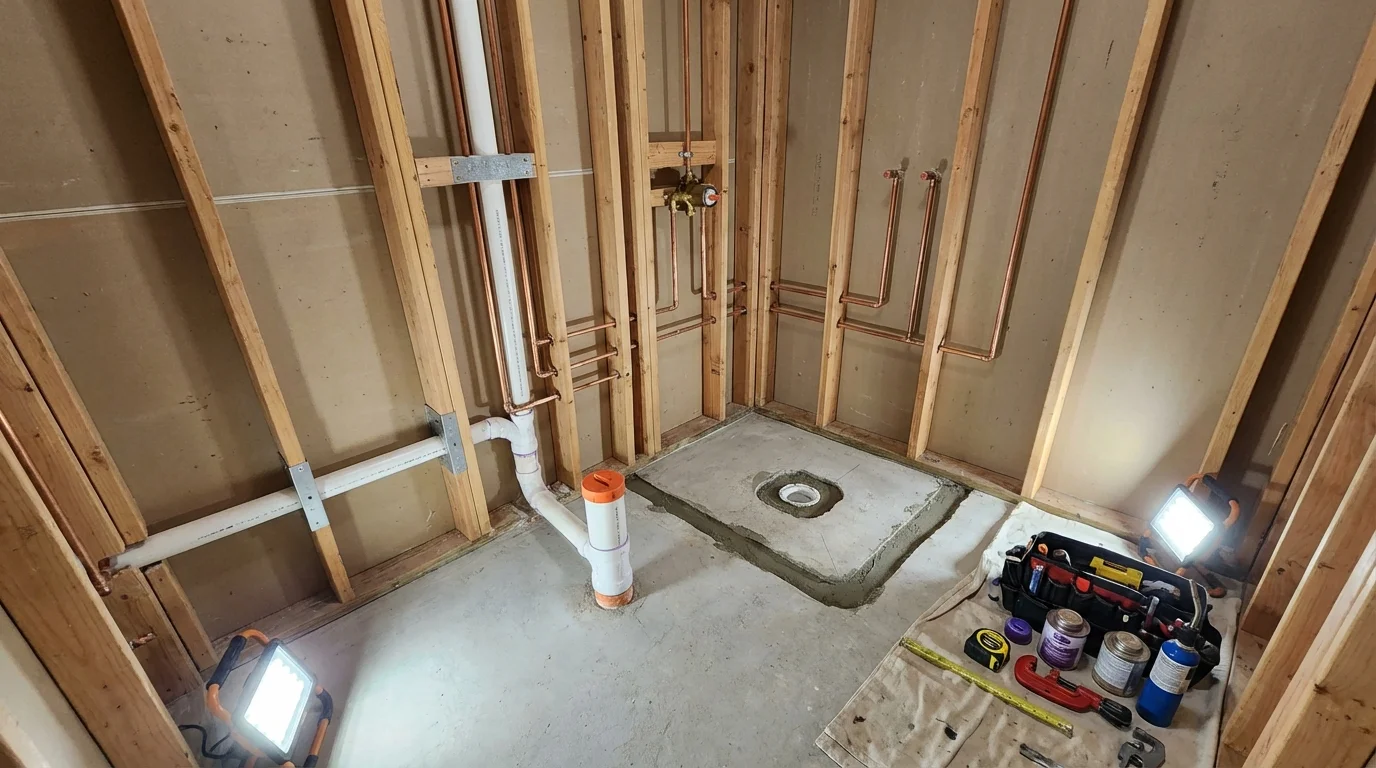 Bathroom rough-in plumbing during remodel by Johns Plumbing LLC in Douglasville
