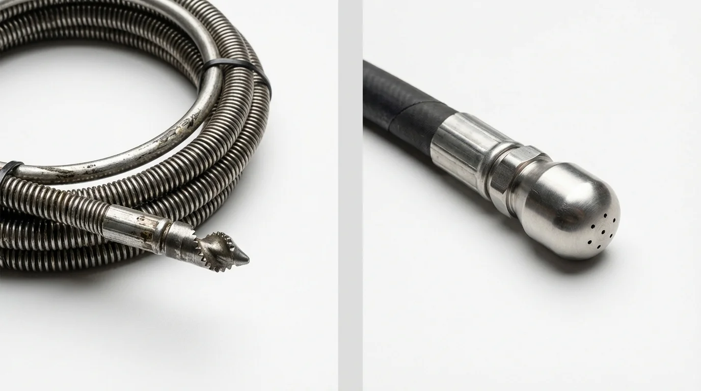 Drain snake cable and hydro jetting nozzle used for drain cleaning in Douglasville, GA