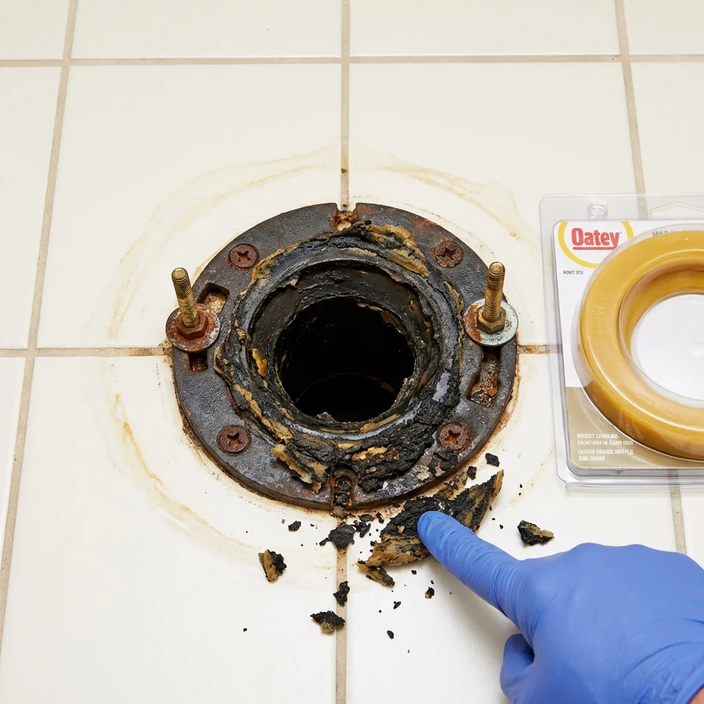 Failed wax ring showing water seepage at the base of a toilet in a Douglasville, GA home
