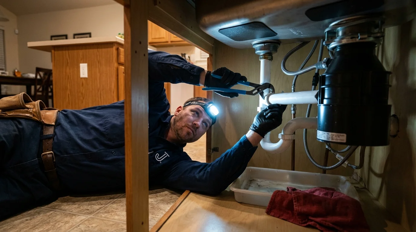 P-trap and supply line connections under a kitchen sink showing a common leak point in Douglasville, GA